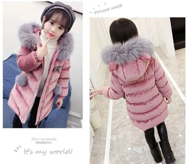 Kids Girls Thick Velvet Quilted Jacket Fur Collar Long Parka Hooded Coat Winter/