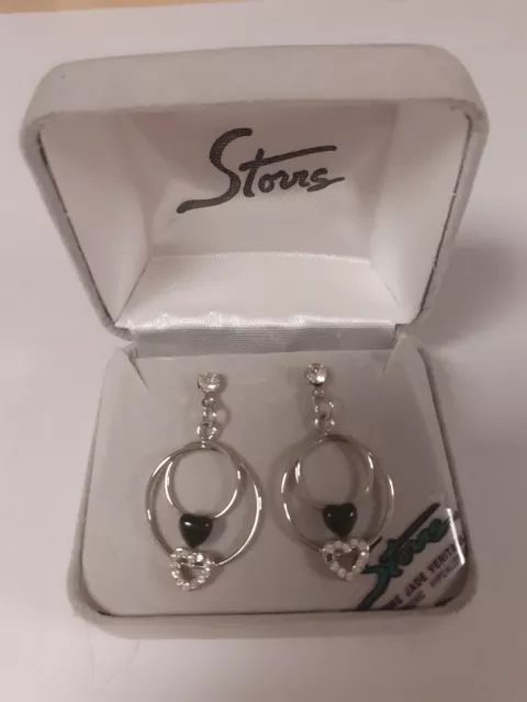 Storrs Fine Hand Carved Genuine Jade Veritable Double Heart Earrings NEW IN BOX