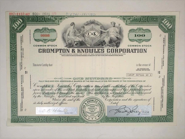 MA. Crompton & Knowles Corp., 1967. 100 Shrs Specimen Stock Cert., XF-AU. ABNC