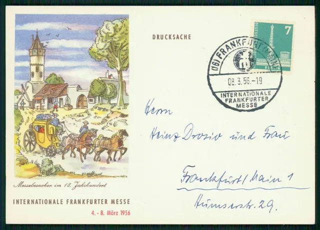 BRD MESSEKARTE 1956 FRANKFURT/MAIN PFERDE-KUTSCHE POSTKUTSCHE HORSES fz02