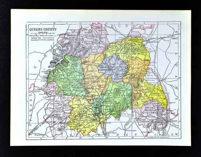 1902 Ireland Map Queens Laois County Maryborough Abbeyleix Durrow Mountmellick