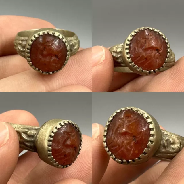 Authentic Ancient Roman Bronze Agate Stone Animal Intaglio Ring