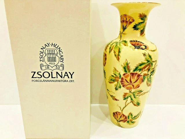 Zsolnay Hungarian Fine Porcelain Vase Flowers&Papillon,13,5"High,Master Piece
