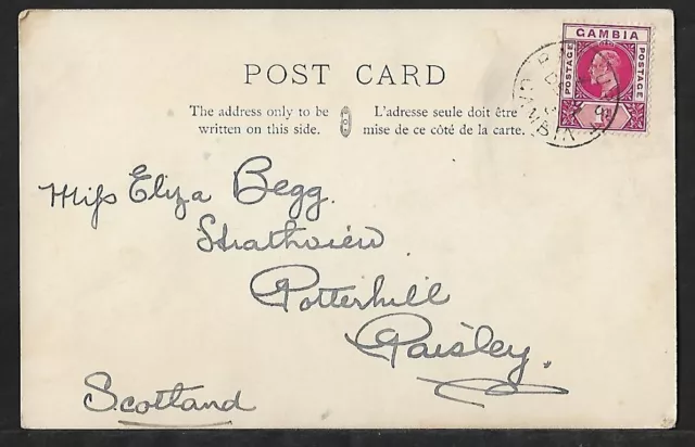 GAMBIA BATHURST TO SCOTLAND 1d ON VIEW OF BATHURST PPC COVER 1902