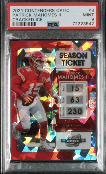 2021 Contenders Optic Season Ticket Patrick Mahomes Cracked Ice Prizm /22 PSA 9