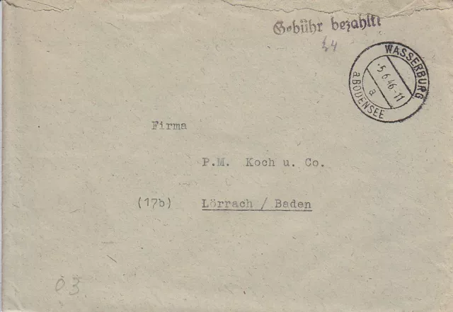 F.Zone - WASSERBURG a BODENSEE  - Gebühr bezahlt - Brief - 1946