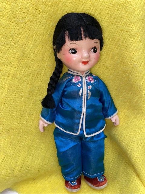 Vintage Japanese Asian Little Girl 8.5” Porcelain Doll Silky Outfit Braids Cute