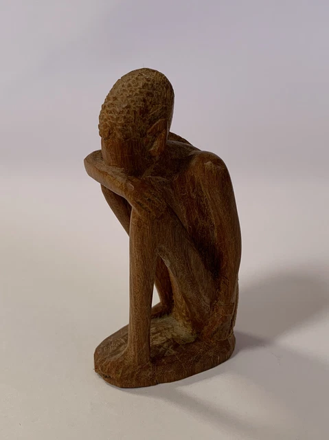 Tribal African ? Man Sitting Kneeling Hand Carved Wood Folk Art Wooden Carving