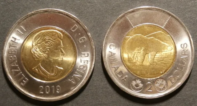CANADA 2019- $2 , Queen Elizabeth II / Polar Bear (16 Serrations-RARE)