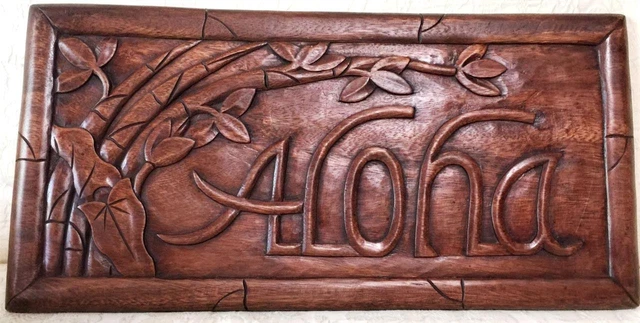 Vintage Wood Carved  Hawaii ALOHA Hawaiian TIKI Bar Wall Hanging SIGN Plaque