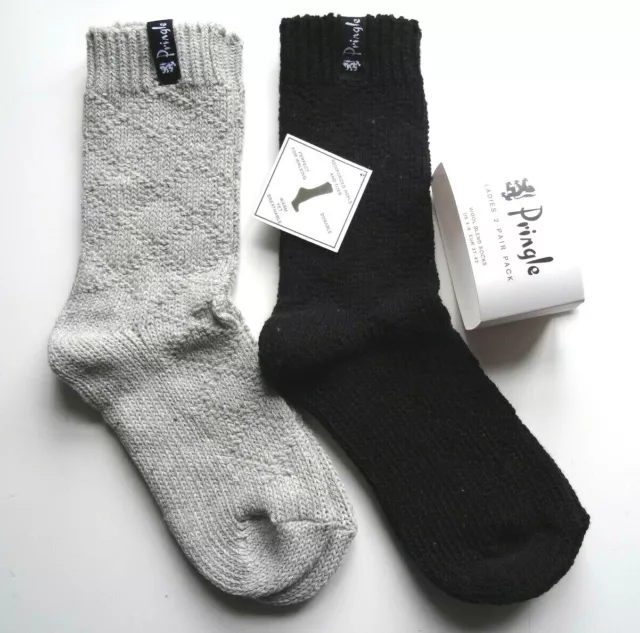 2 PAIRS : PRINGLE Wool Blend BLACK / GREY Walking Winter Boot Socks UK 4-8 37-42