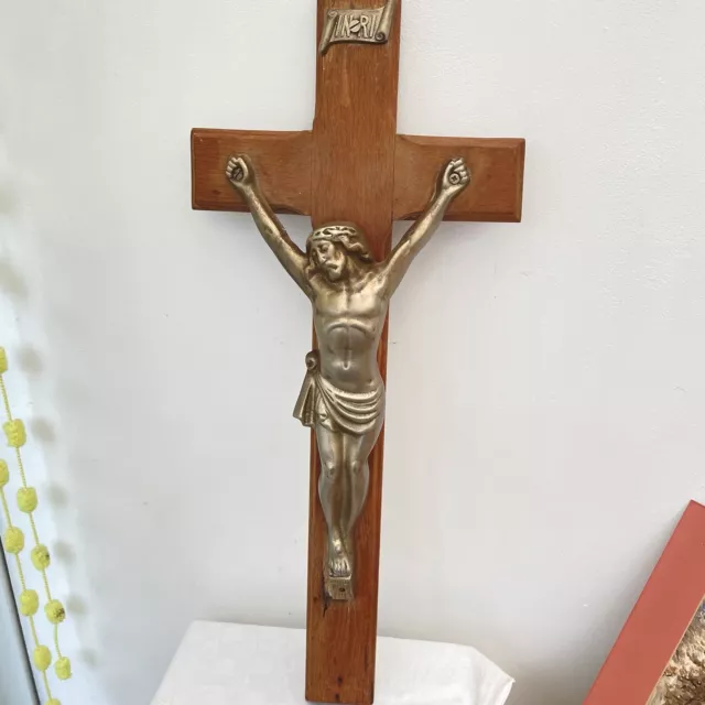 Large French Wall Crucifix Heavy Gold 24” Wood Church France Brutalist Cross