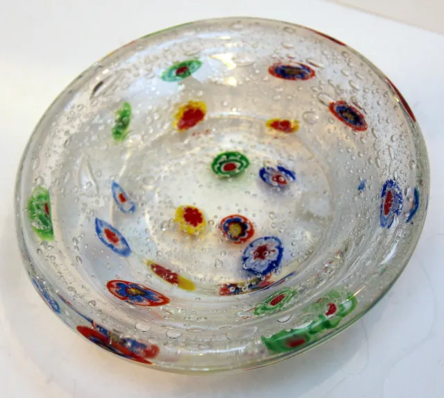 VTG Handblown Murano Millefiori Flowers Fused Art Bubble Glass Round Bowl Dish