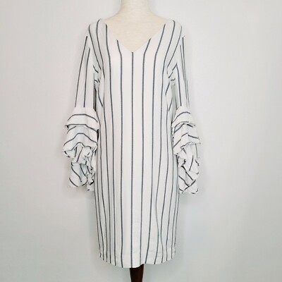 Antonio Melani Ruffled Sleeve Midi Strait Dress. White with Blue Stripes Size 6
