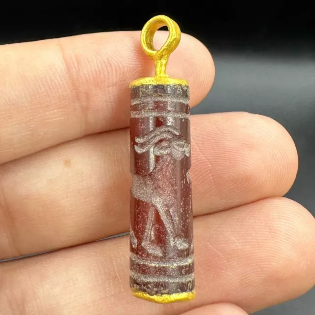 Ancient near eastern agate stone rare intaglio gold gilding pendant