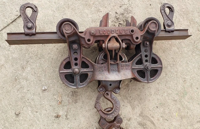 1890's Cast Iron Louden JR  Hay Trolley Barn Pulley Tool  & Track! Nice working