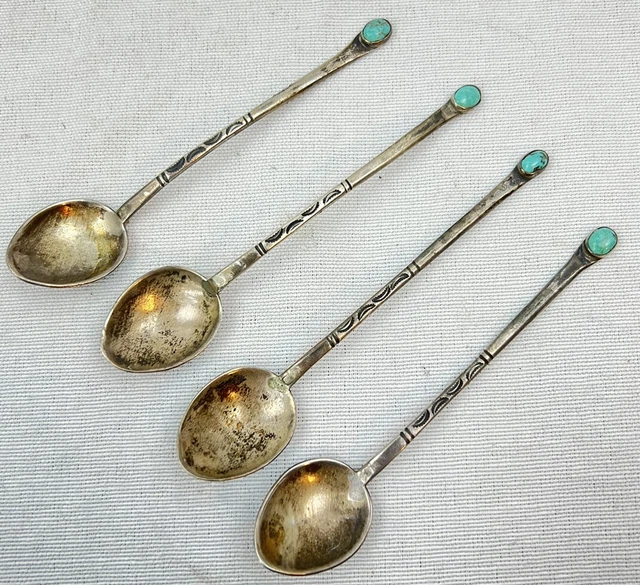 NAVAJO Spoon Lot of 4 Turquiose Silver stamped antique original native American