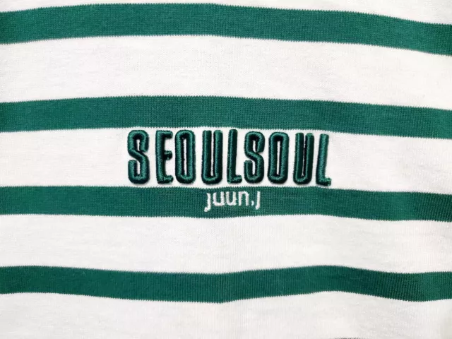 Juun J SeoulSoul Oversized White Green Stripe Long Sleeve Collarless Shirt F-222 3