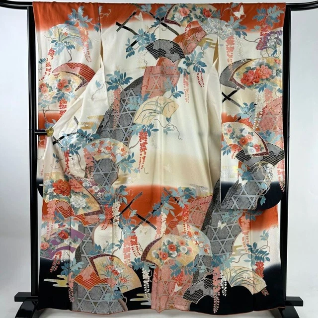 Japanese Kimono Furisode Pure Silk All Sides Of A Fan Flower Gold Thread Cream