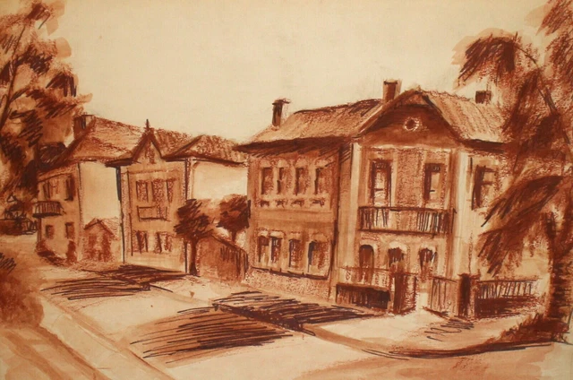 Maisons de paysage de peinture au pastel réaliste vintage