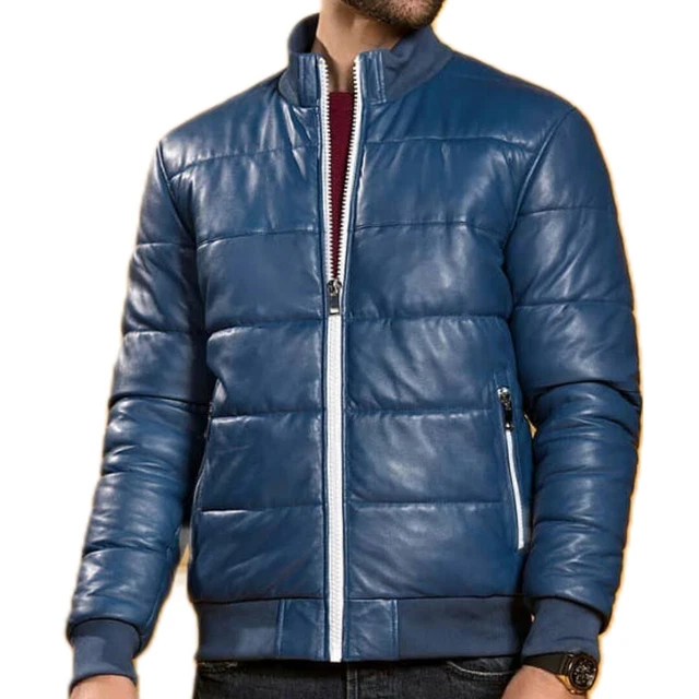 Mens Bomber Blue Puffer Leather Jacket Genuine Leather Casual Biker Men Jacket