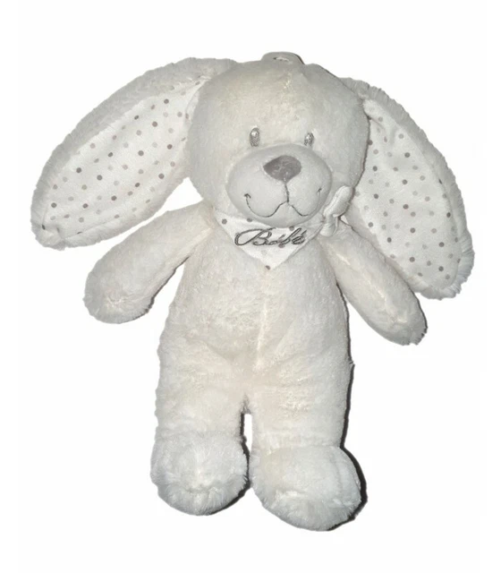 🎉 - Doudou Peluche Lapin Blanc Pois Gris Bandana Brodé Bébé Pommette 2