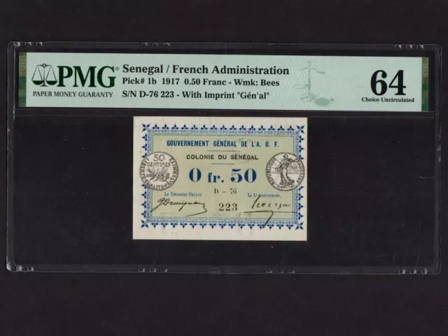 Senegal:P-1b, 0.50 Franc, 1917 * COLONIE DU SÉNÉGAL * PMG Ch. UNC 64 *