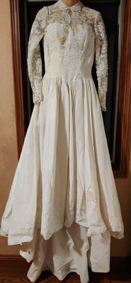 Vtg Sz 10 1950 1960 Lace Pearl Wedding Dress Bridal Gown Grace Kelly Beautiful