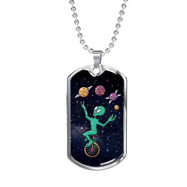 Alien UFO Fan Gift Alien Juggler Necklace Stainless Steel or 18k Gold Dog Tag 24