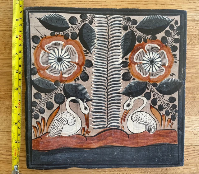 Vintage Mexican Hand Painted  9 1/2" Square White Birds Signed 3/4" thick
