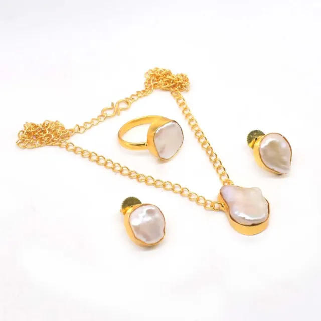 Baroque Pearl Stone Gold Plated Ring Earring Necklace Wedding Jewelry Set J794