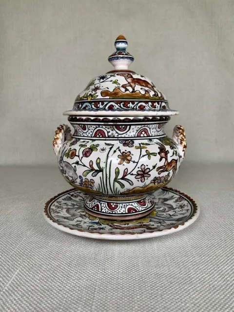 VTG Delft Polychrome Portuguese Hand Painted Ceramic Tureen Bowl With Lid Plate