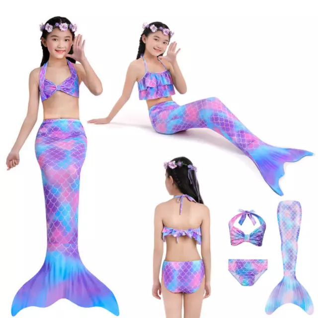3pcs Girls Mermaid Tail Swimming Costume Swimmable Bikini Set Summer Swimsuit UK