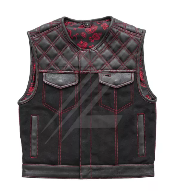 Men's Classic Cowhide Leather Vest Diamond Quilted Canvas Motorcycle Bikers vest