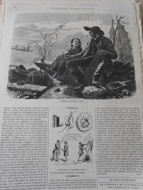 Gravure 1869 - Pêcheurs de Saumon sur le Rhin