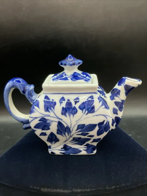 Miniature Teapot, Blue And White, Vintage, 3.5” Tall