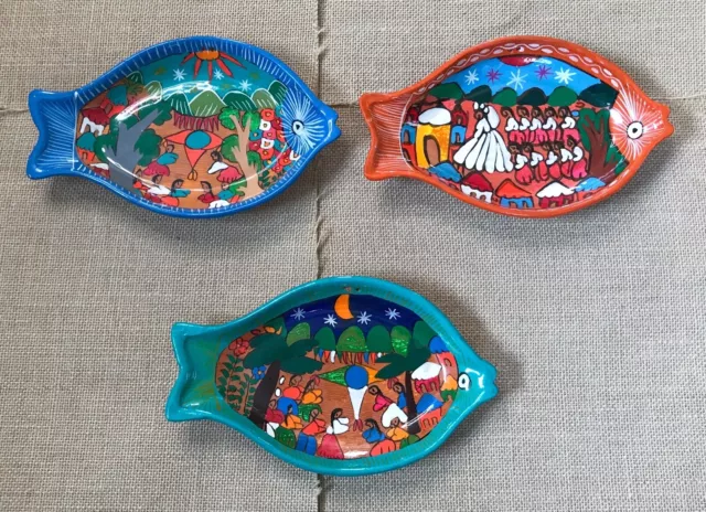 Mexican Art Pottery Terracotta Folk Art Fish Wall Plate Set Of Three