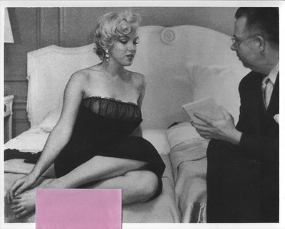 Marilyn Monroe 8x10 B&W Sitting on Bed in Black Dress w/Sheer Bodice Chatting