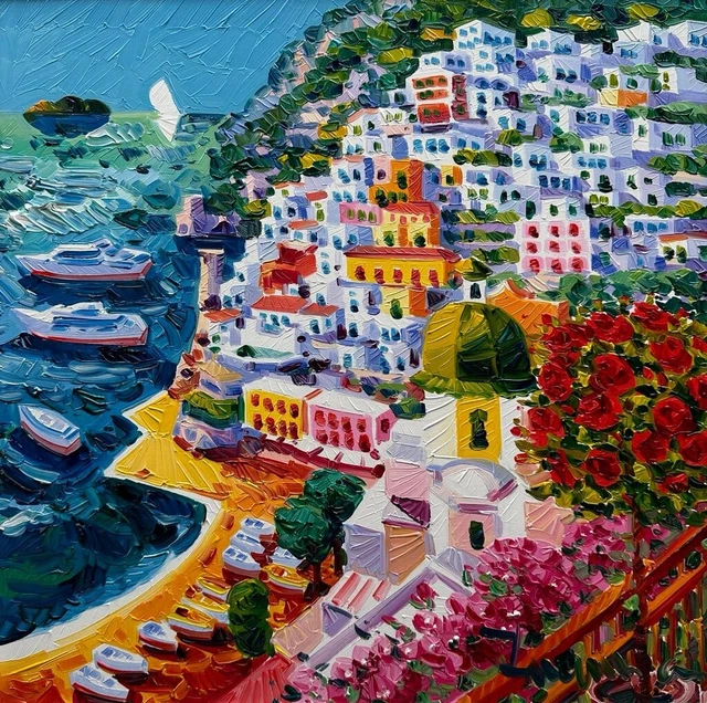 Ambientador De Rosa A Positano, Athos Faccincani 40x40 Paisaje Imagen Decoración