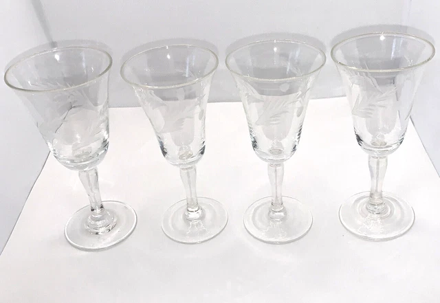 Vintage Crystal Flared Rim Stemware Cordial Glass Etched Fern Bulbous Stem