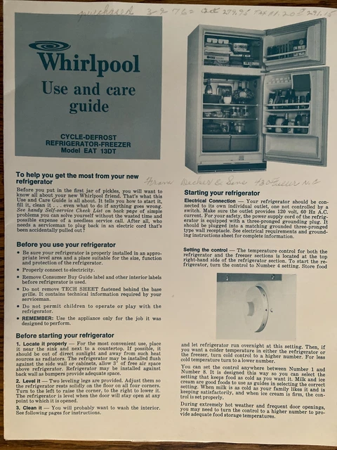 Whirlpool Refrigerator Freezer Model EAT13DT - Use and Care Guide from 1970’s