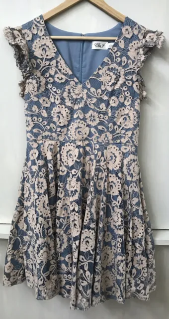 Eliza J Womens Petite Dress Lace Beige Overlay Cap Sleeve Blue V Neck Size 6P