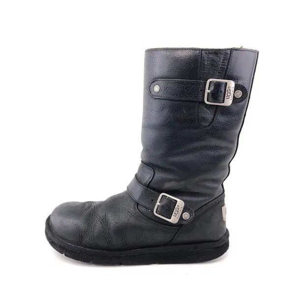 UGG Kensington Winter Boots Womens Size 7 EUR 38 Black Leather Pull on Buckle