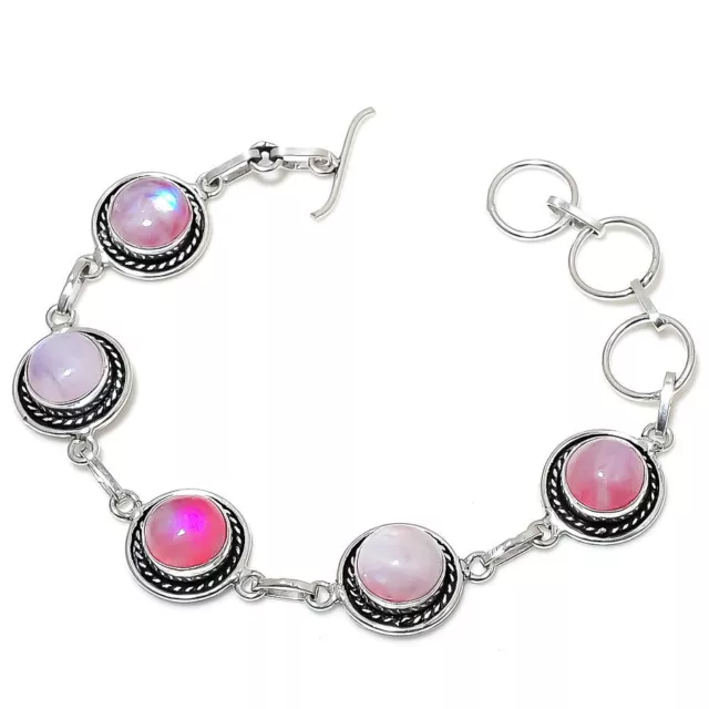 Pink Moonstone Handmade Gemstone 925 Sterling Silver Jewelry Bracelet 7-8" S856