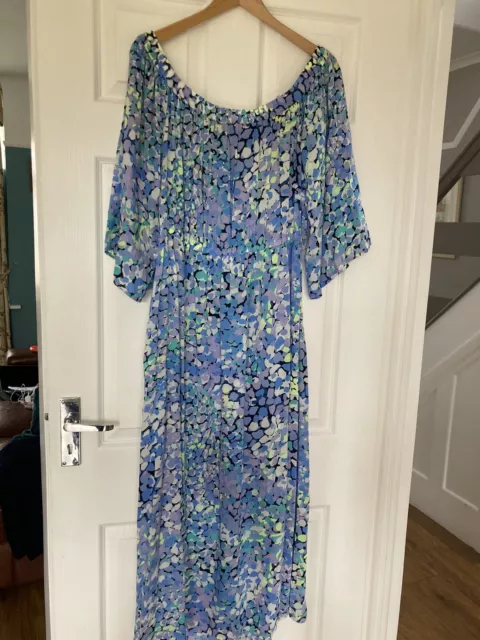 M&S Collection Blue & Lilac Bardot Midi Dress With Split Size And Belt 16