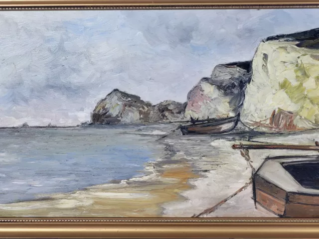 Tableau signé Paysage Marin Bateaux Peinture huile sur panneau bois