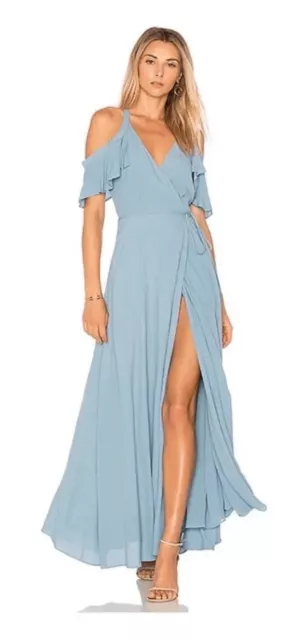 PRIVACY PLEASE Off The Shoulder Maxi Dress Wrap Style Thigh Slit Blue L NWT