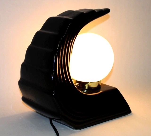 VINTAGE ART DECO Style Black Wave Table Lamp 1970s 1980s Modernist