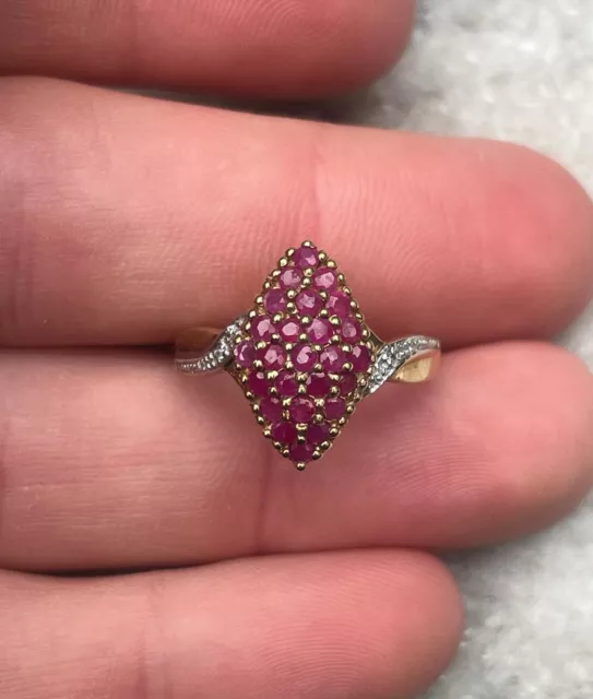 9ct Gold Ruby & Diamond Large Cluster Ring