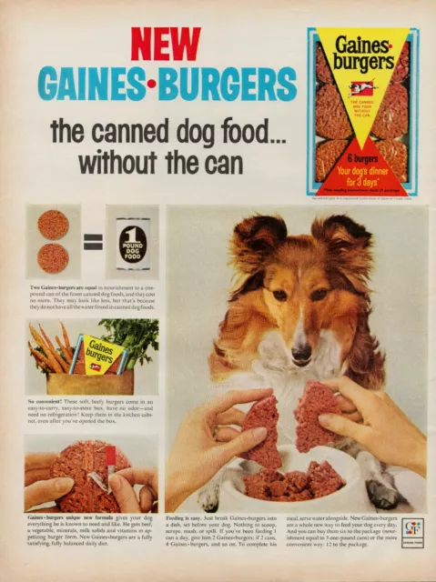 1964 Gaines Burgers Pet Dog Food Vintage Print Ad Dinner Collie Lassie Dogs USA